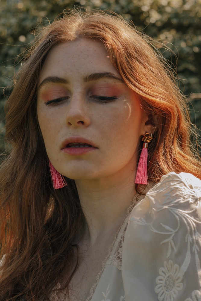 Gold Tone & Peach Pink Tassel Drop Earrings
