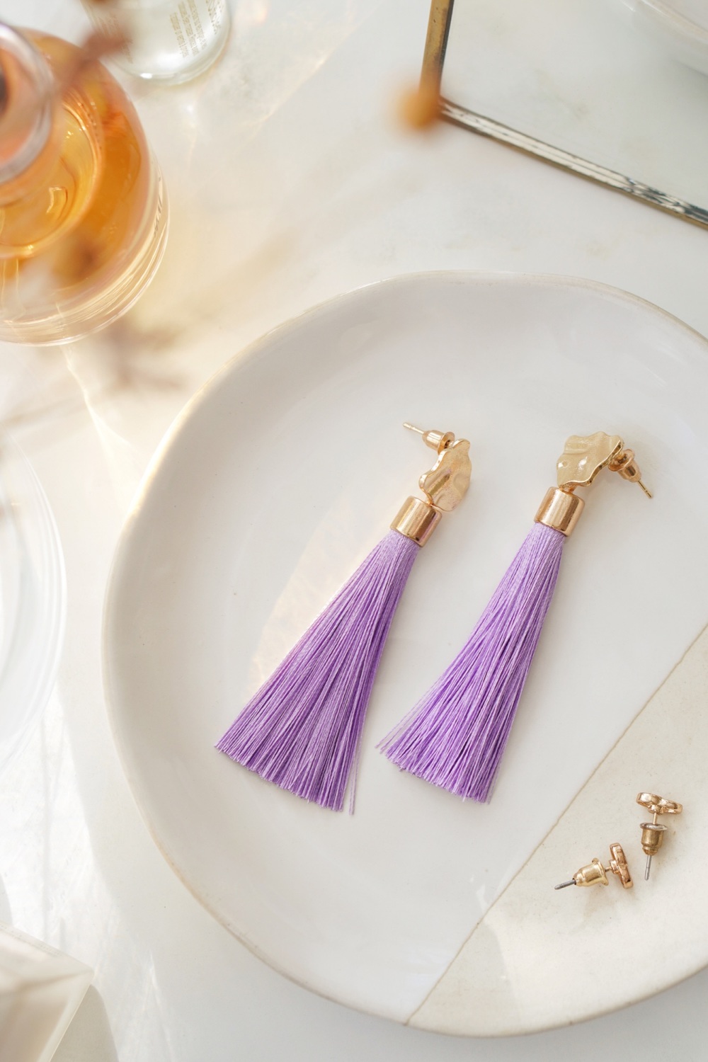 Gold Tone & Lavender Purple Drop Earrings