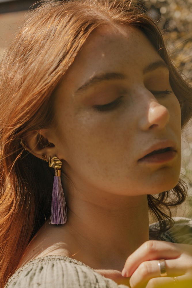 Gold Tone & Lavender Purple Drop Earrings