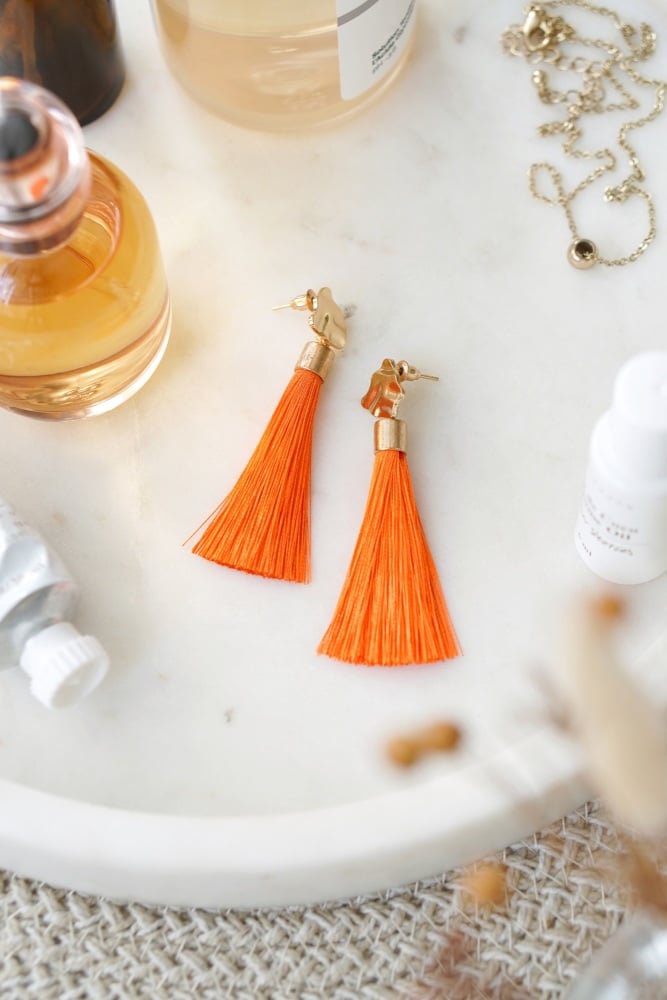 Gold Tone & Neon Orange Tassel Drop Earrings