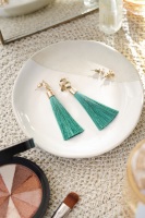Gold Tone & Forest Green Tassel Drop Earrings