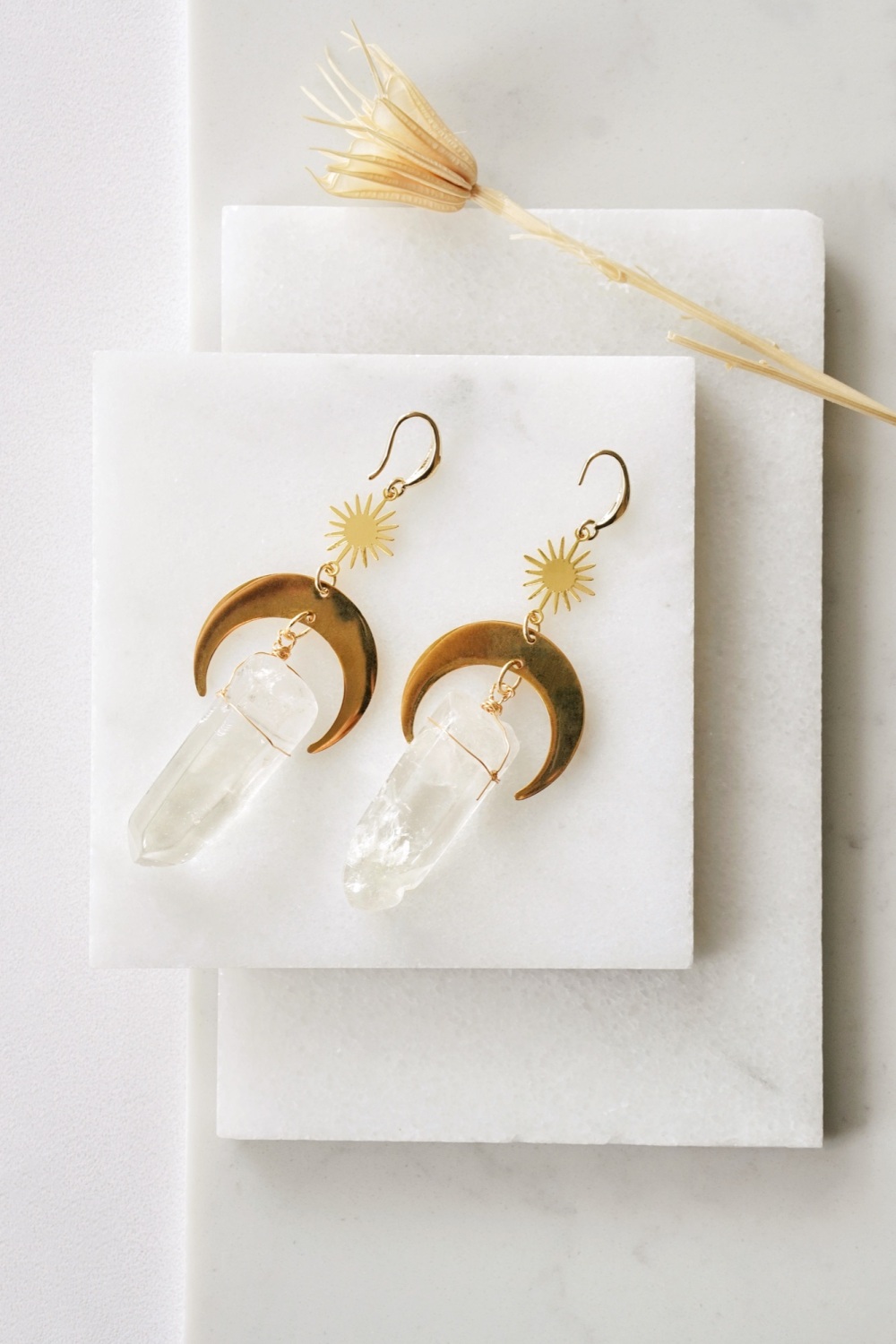 Gold Tone Sun & Moon Raw Cut Clear Quartz Crystal Wrapped Earrings