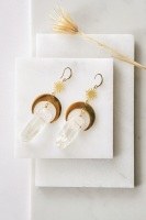 Gold Tone Sun & Moon Raw Cut Clear Quartz Crystal Wrapped Earrings