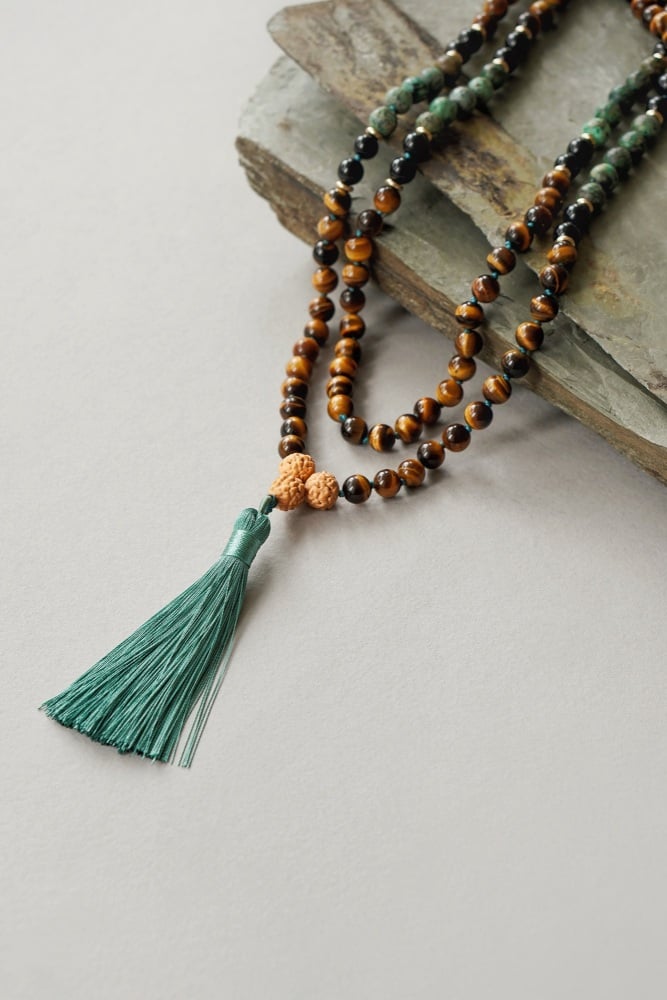Mens African Turquoise Black Onyx and Tigers Eye 108 Mala Bead Necklace with Tassel