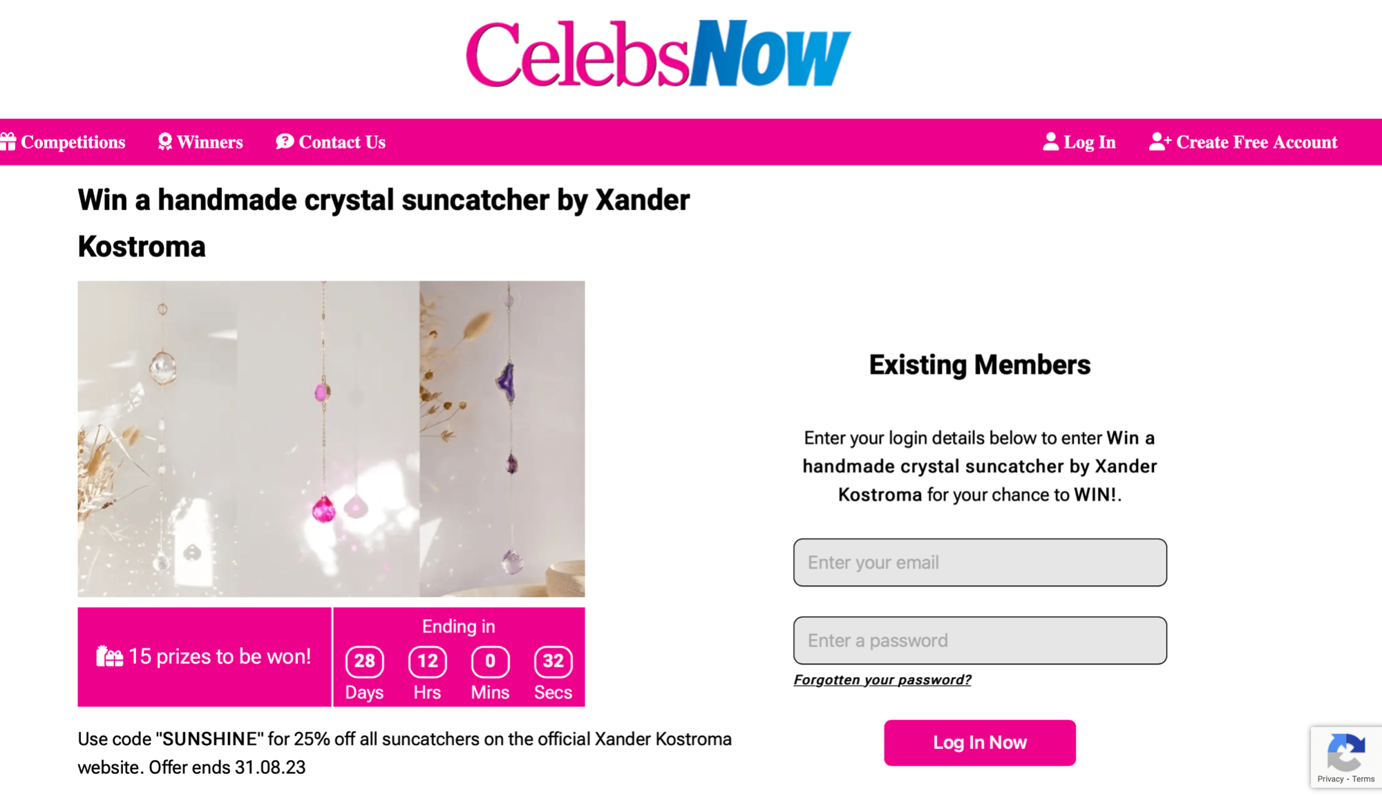 15 chances to win a Xander Kostroma suncatcher with Celebs Now 