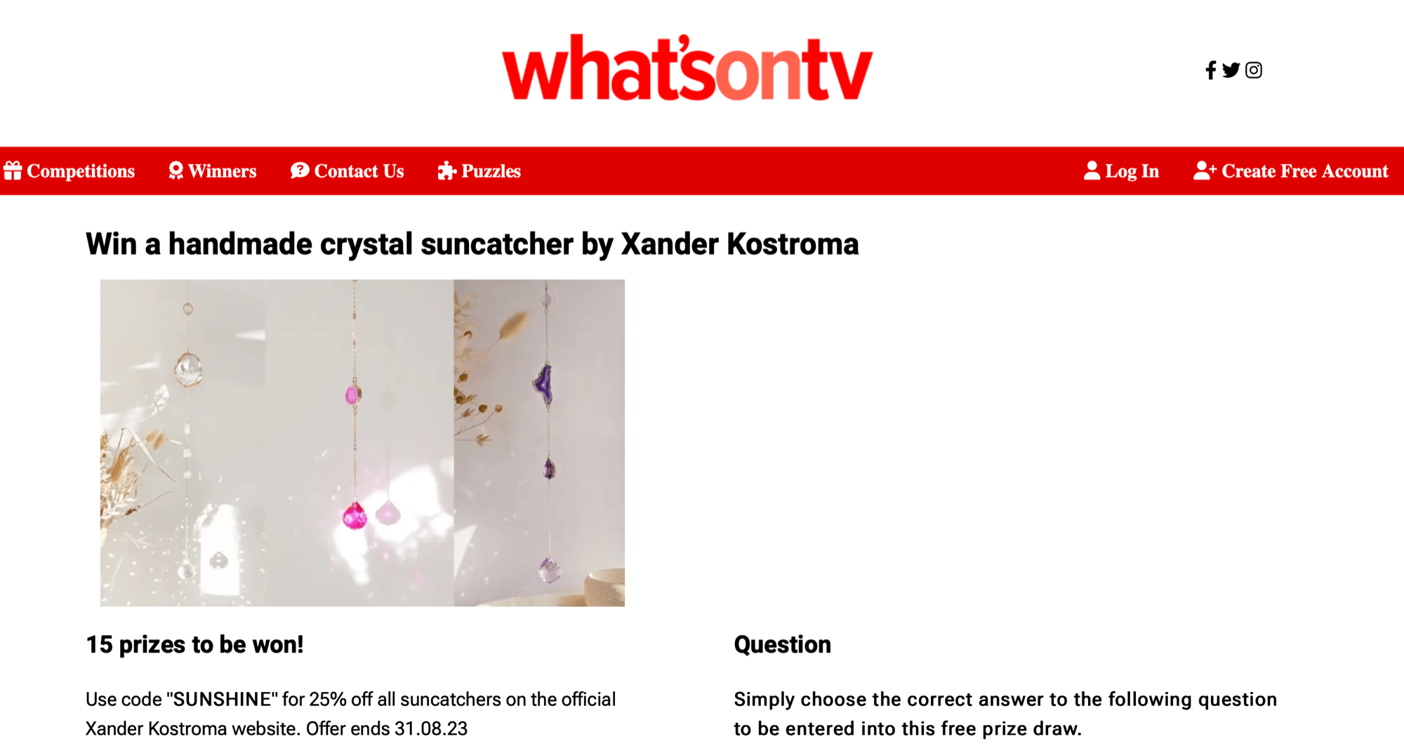 15 chances to win a Xander Kostroma suncatcher with What's on TV
