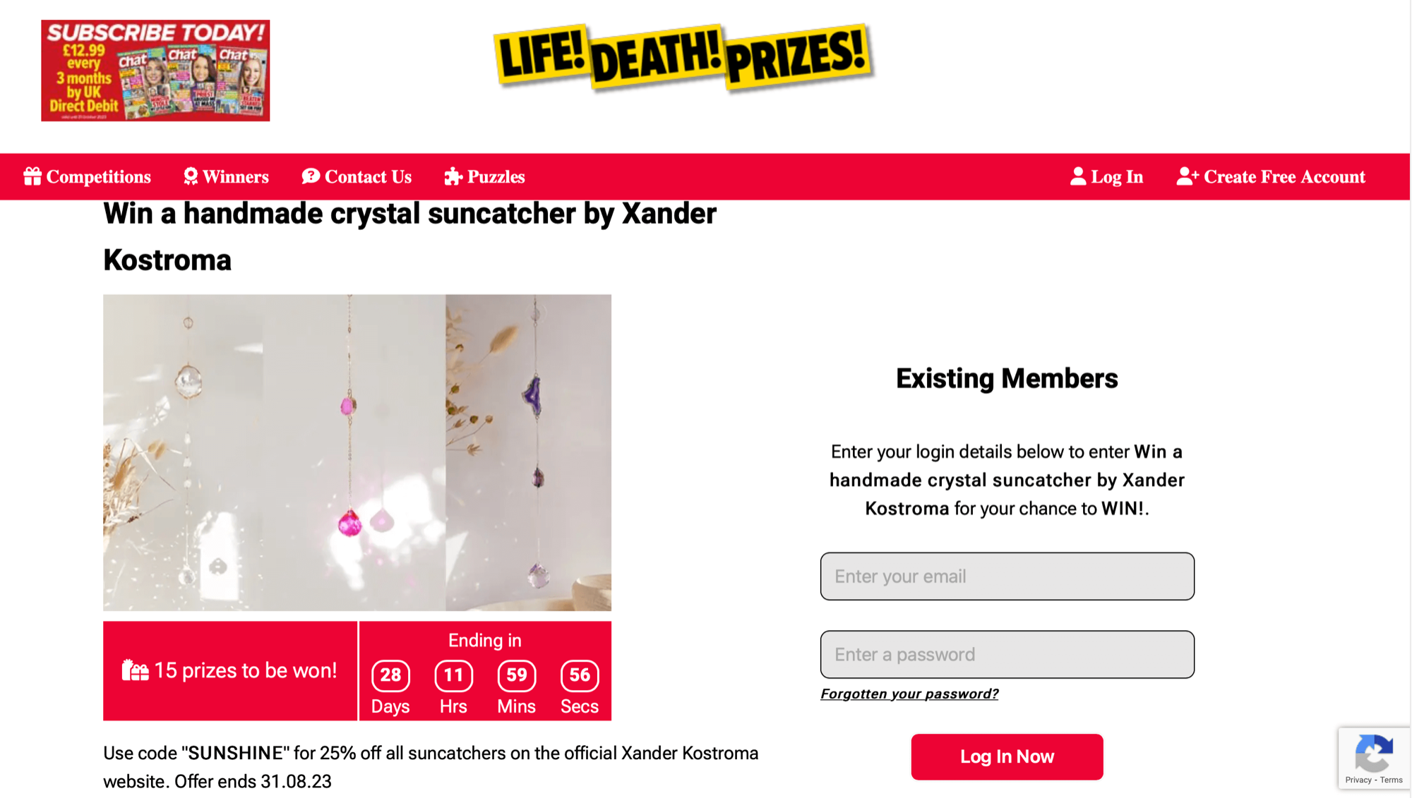 15 chances to win a Xander Kostroma suncatcher with Life Death Prizes