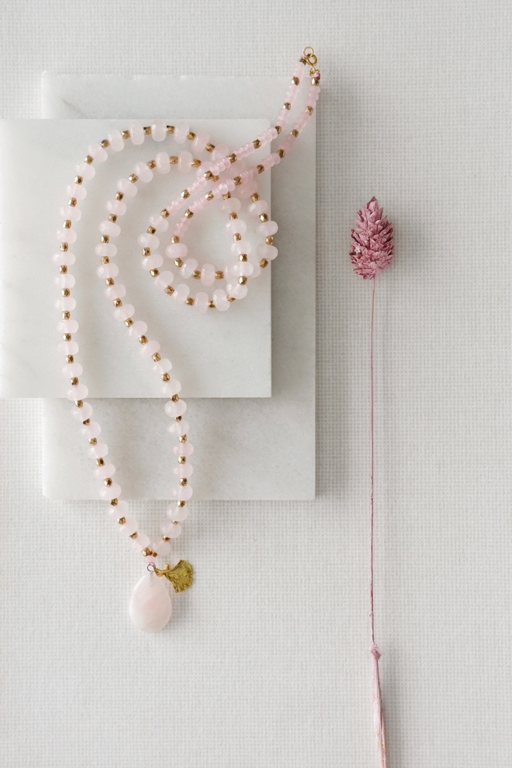 Long Length Rose Quartz Stone Necklace with Gold Tone Detail by Xander Kostroma