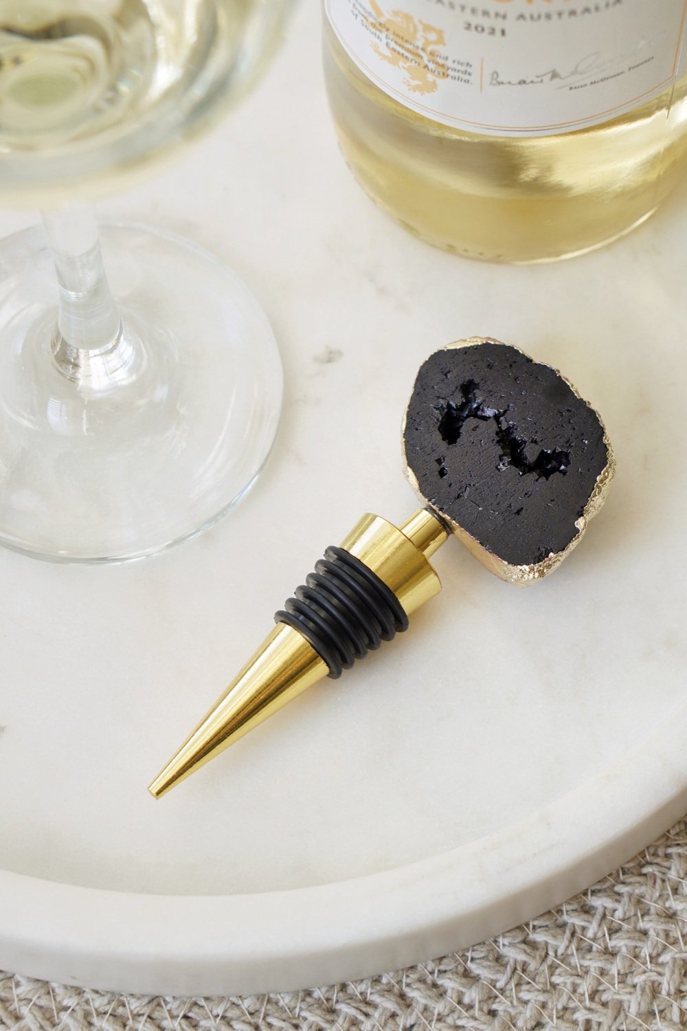 Gold Tone Black Agate Crystal Wine Bottle Stopper