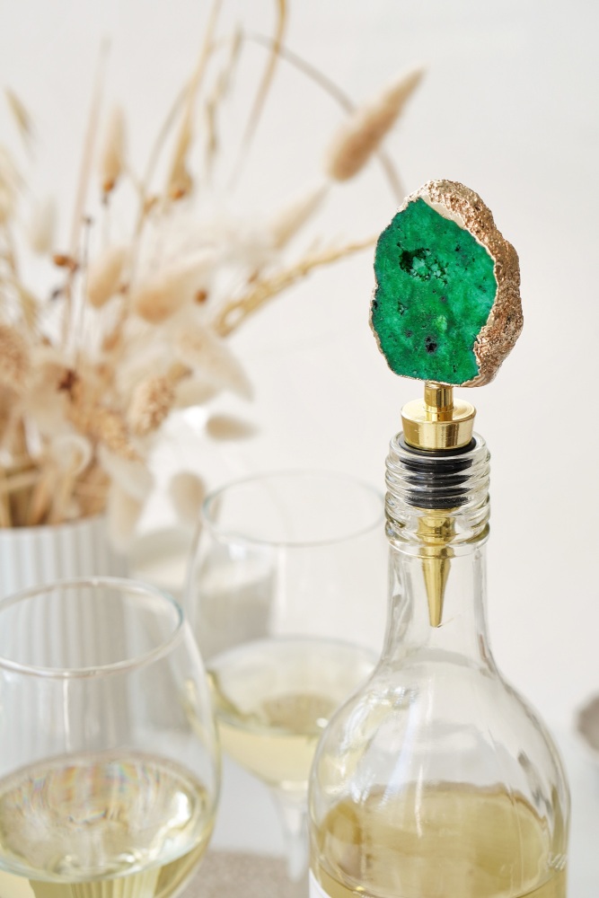 Gold Tone Green Agate Crystal Wine Bottle Stopper