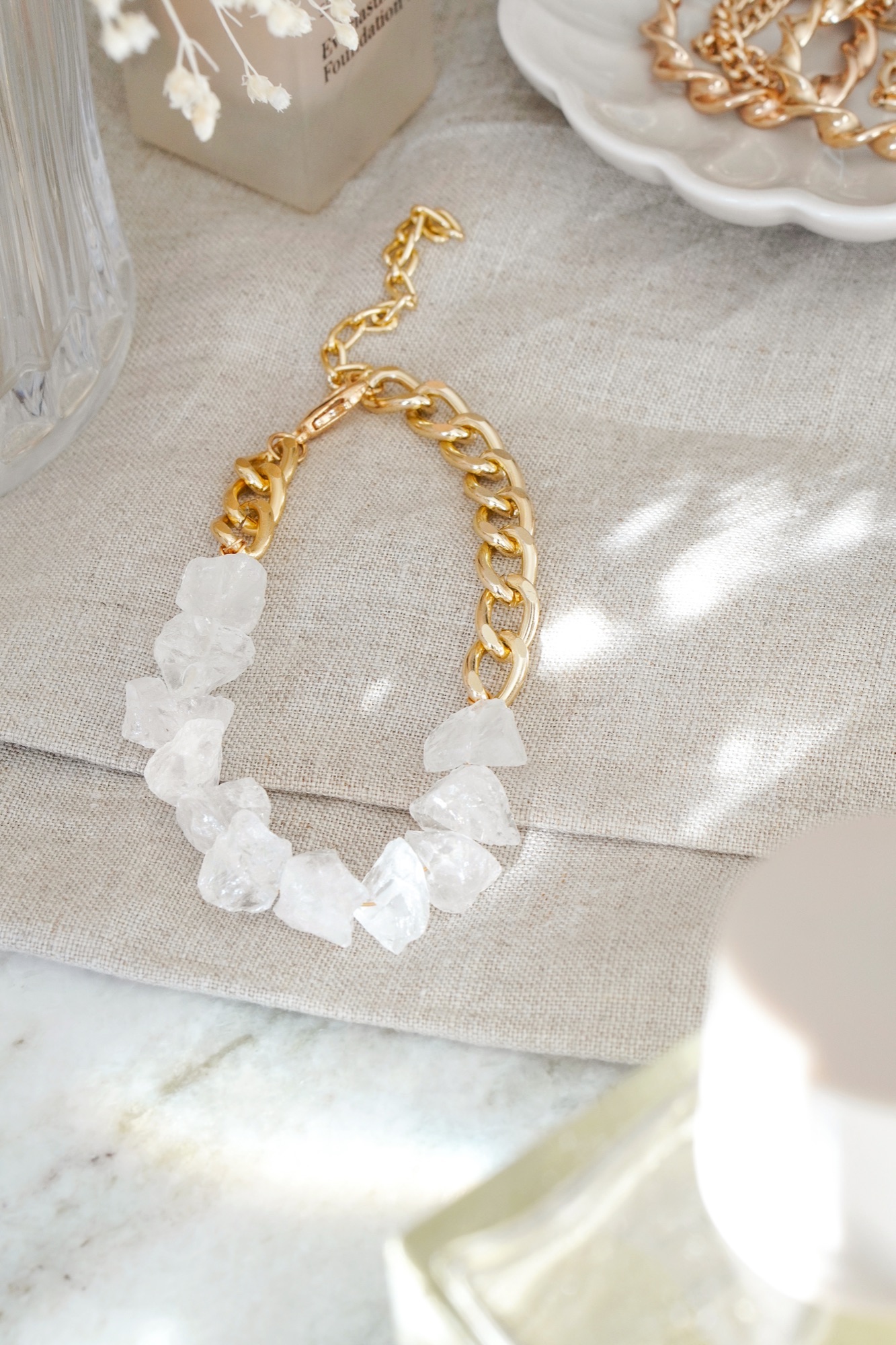 Gold Tone Curb Chain and Quartz Crystal Bracelet by Xander Kostroma