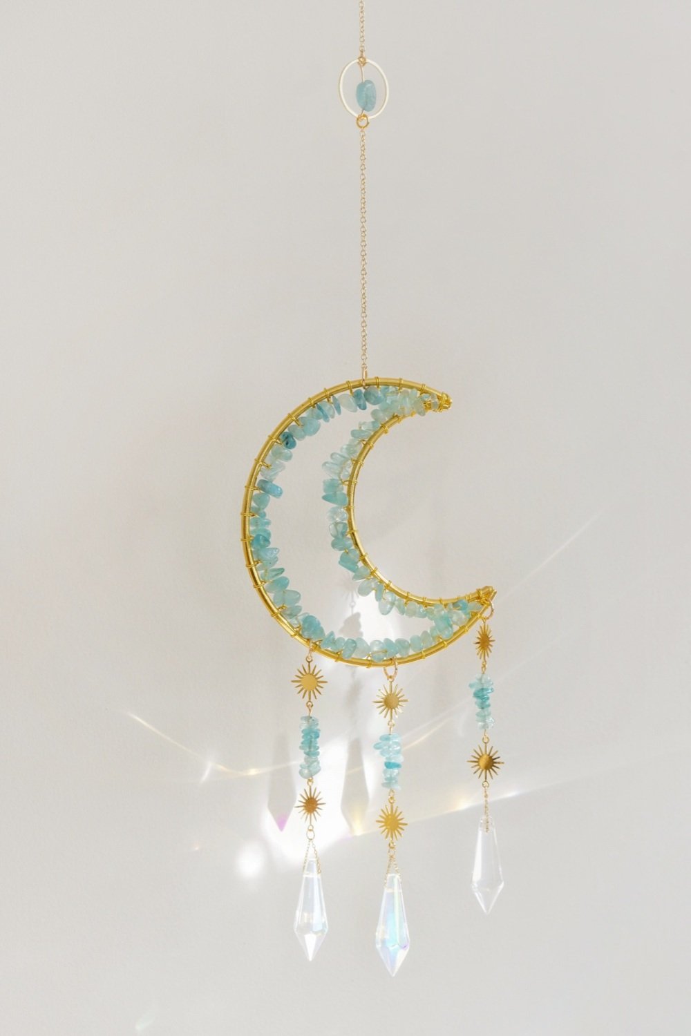 Gold Tone Crescent Moon Aquamarine Crystal Window Suncatcher
