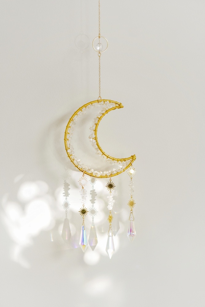 Gold Tone Crescent Moon Quartz Crystal Window Suncatcher