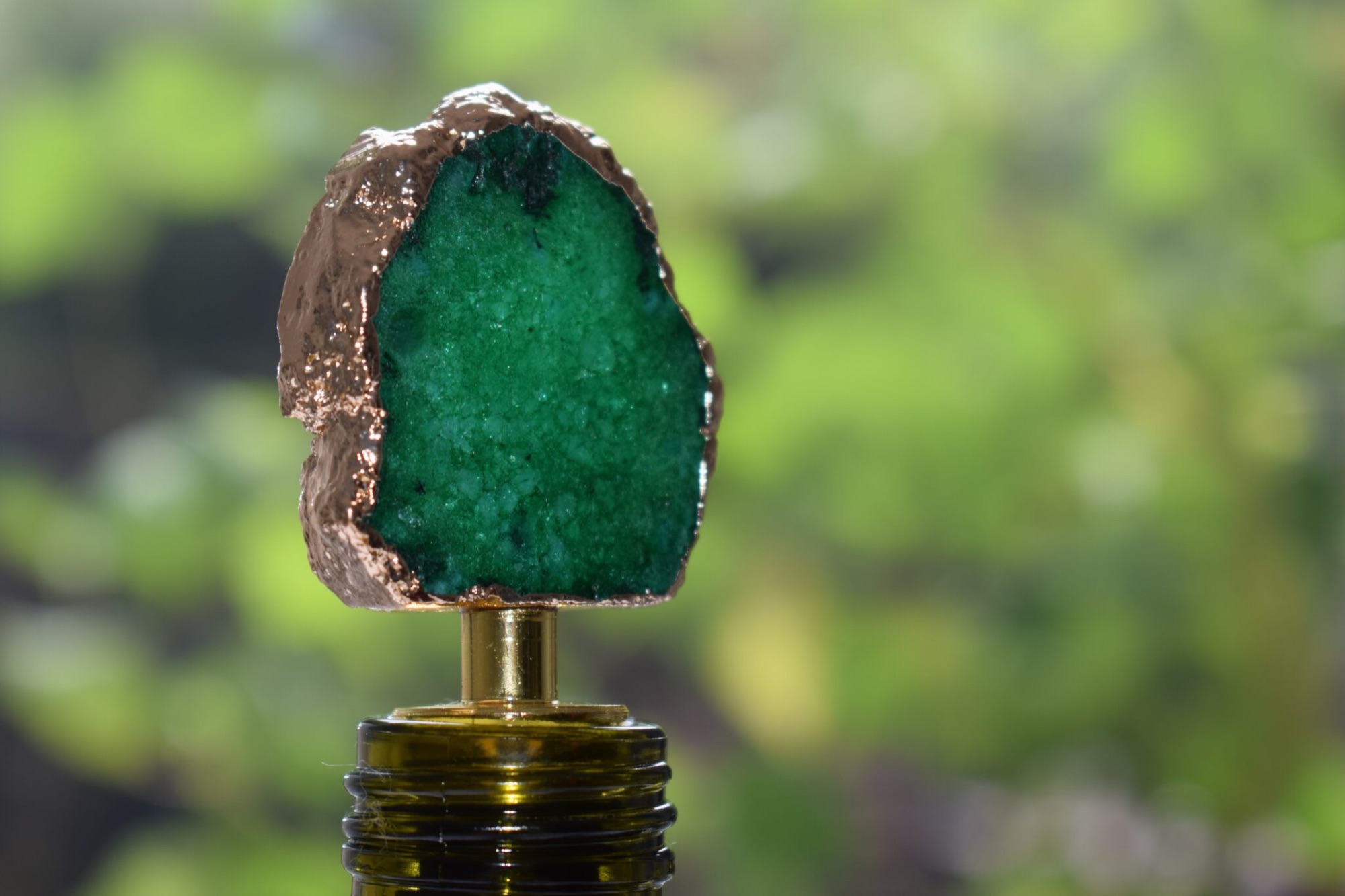 Gold Tone Green Agate Crystal Wine Bottle Stopper by Xander Kostroma