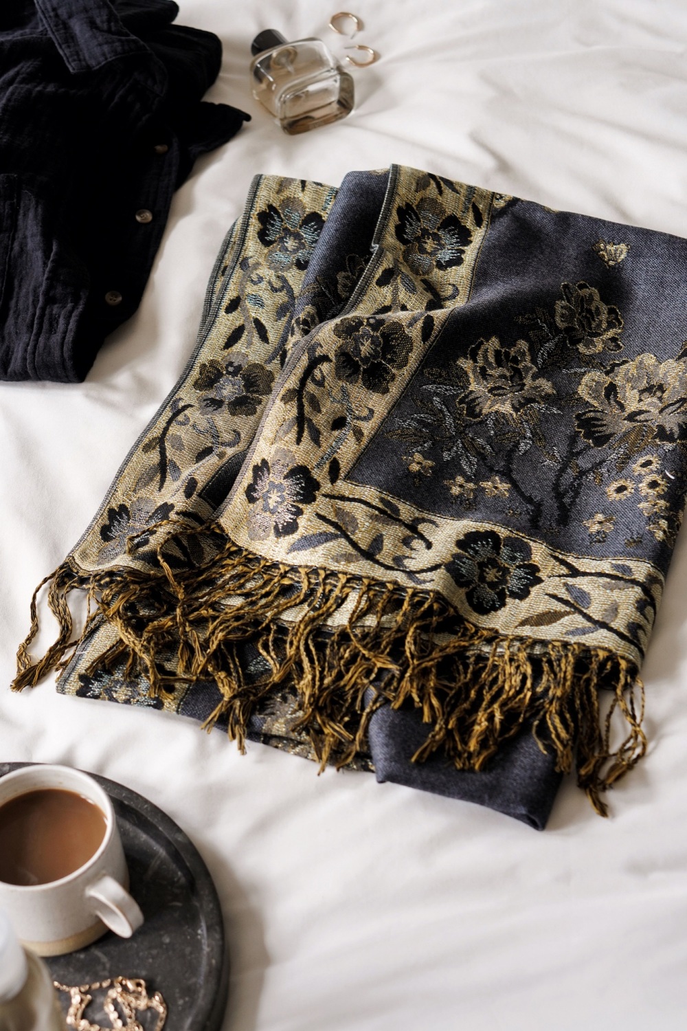 Peacock And Floral Tassel Luxe Pashmina in Dark Grey/Gold