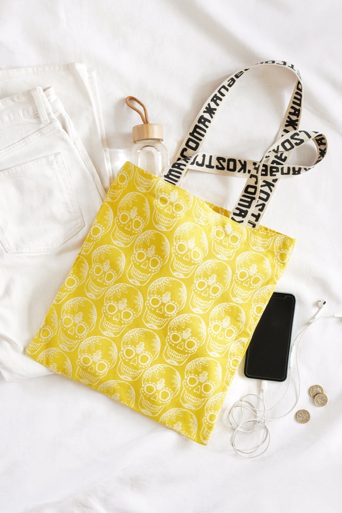 Sunshine Yellow Skull Print Cotton Shopper Tote Bag by Xander Kostroma