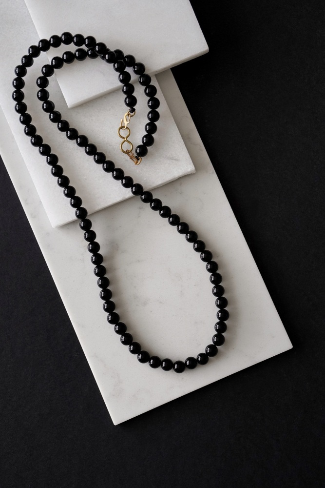 Mens Extra Long Brass And Black Onyx Crystal Necklace