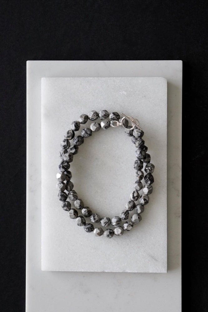 Mens 925 Sterling Silver Hexagonal Picasso Jasper Double Wrap Crystal Bracelet