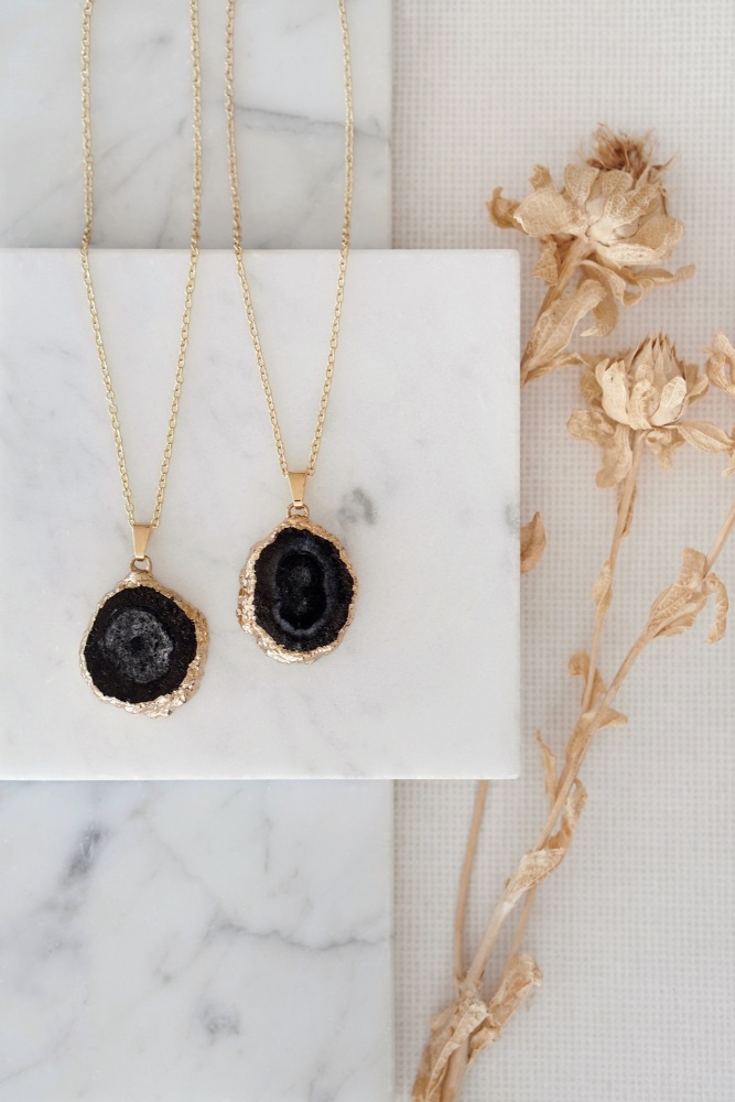 Gold Tone Long Length Mini Raw Black Agate Pendant Necklace