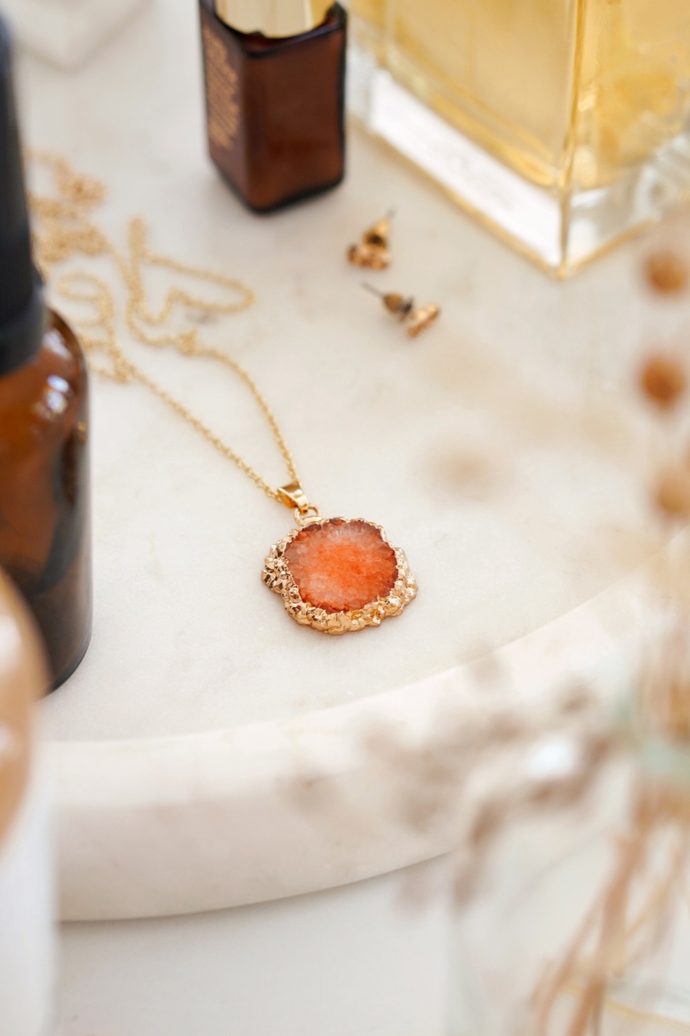 Gold Tone Long Length Mini Raw Orange Agate Pendant Necklace