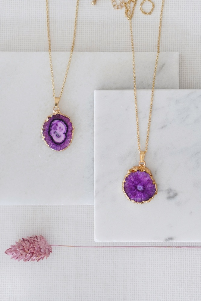 Gold Tone Long Length Mini Raw Purple Agate Pendant Necklace