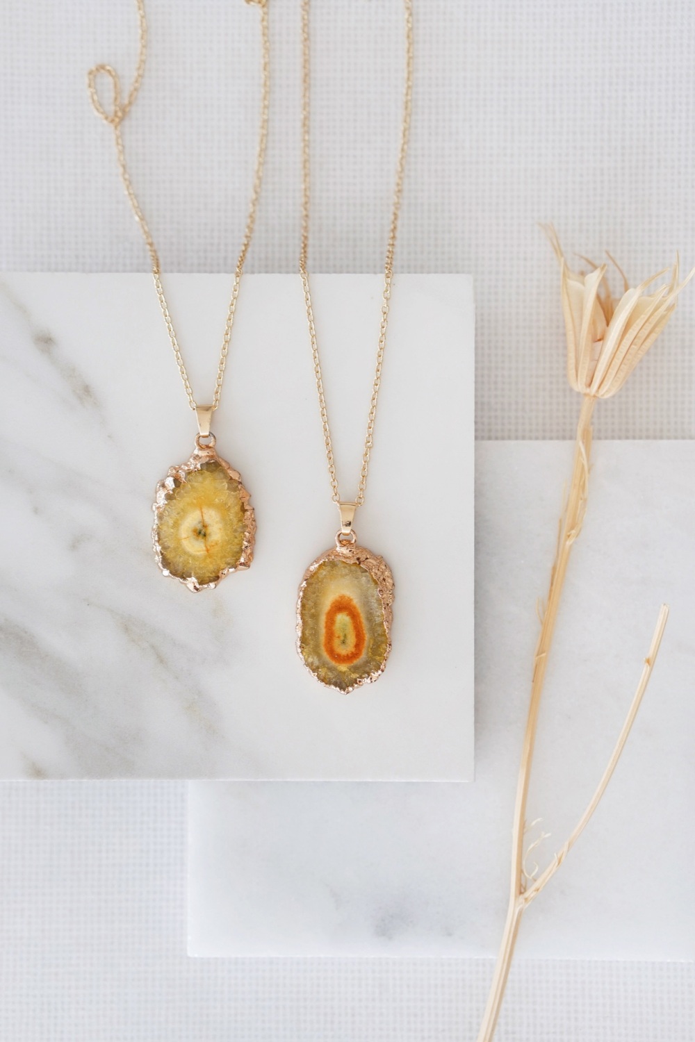 Gold Tone Long Length Mini Raw Yellow Agate Pendant Necklace