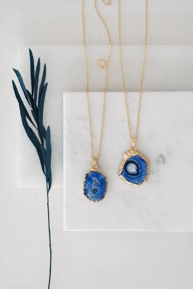 Gold Tone Long Length Mini Raw Blue Agate Pendant Necklace