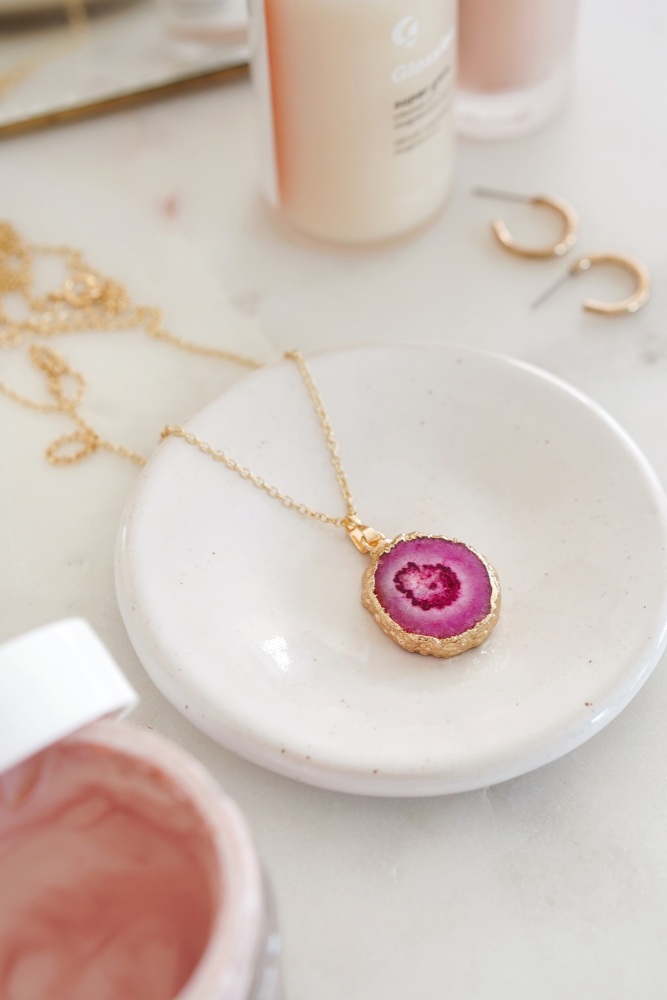 Gold Tone Long Length Mini Raw Pink Agate Pendant Necklace