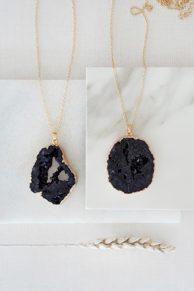 Gold Tone Long Length Maxi Raw Black Agate Pendant Necklace