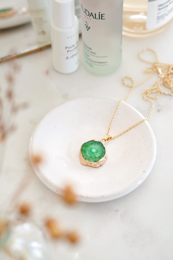 Gold Tone Long Length Mini Raw Green Agate Pendant Necklace