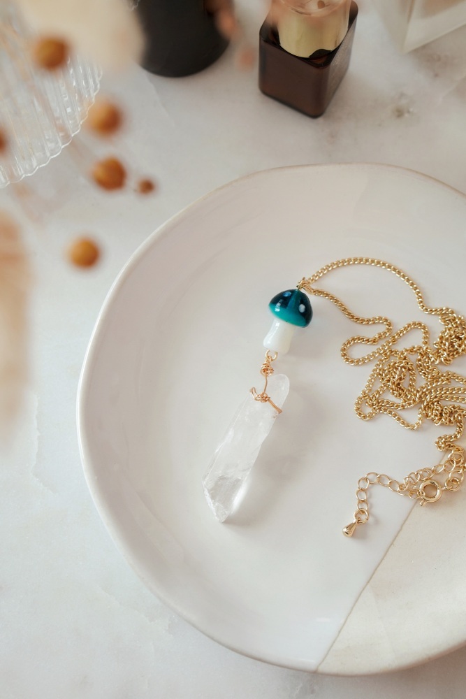 Gold Tone Turquoise Mushroom & Raw Quartz Pendant Necklace