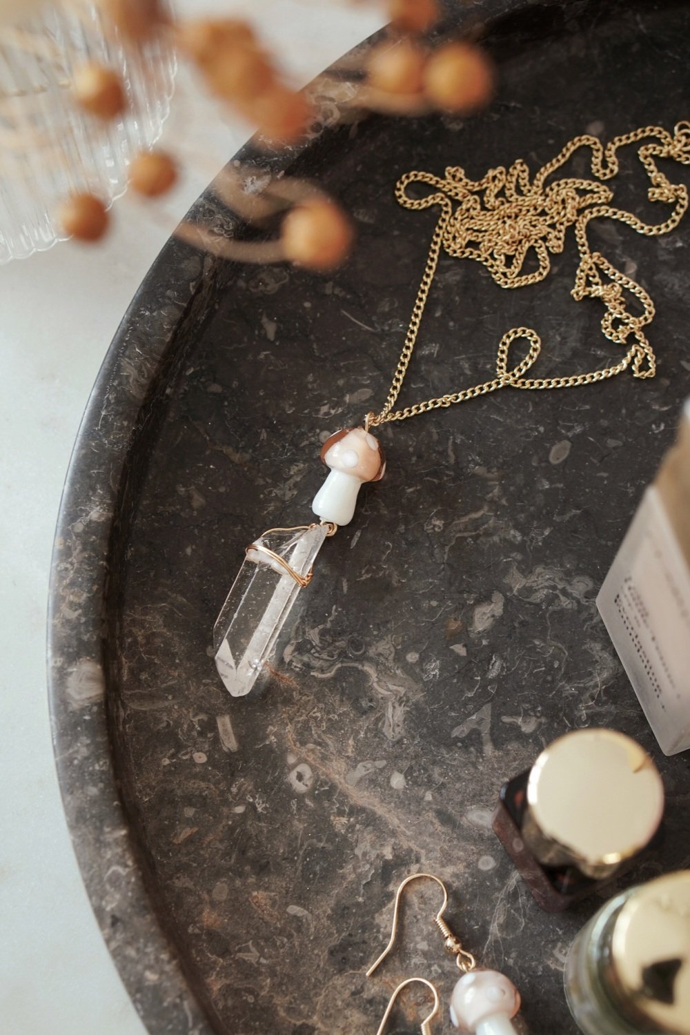 Gold Tone Peach Mushroom & Raw Quartz Pendant Necklace