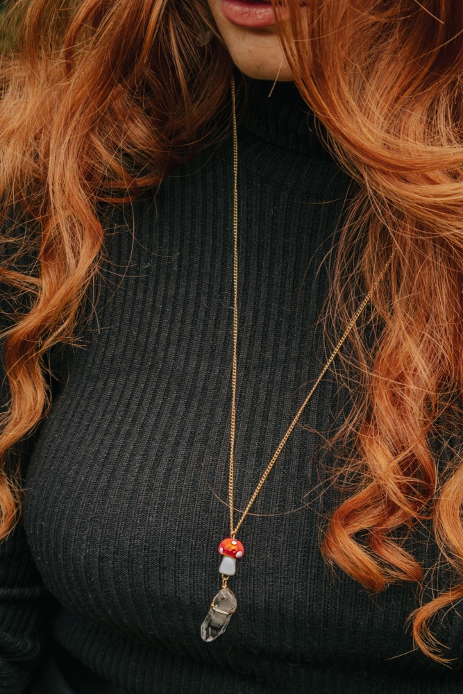 Gold Tone Red Mushroom & Raw Quartz Pendant Necklace