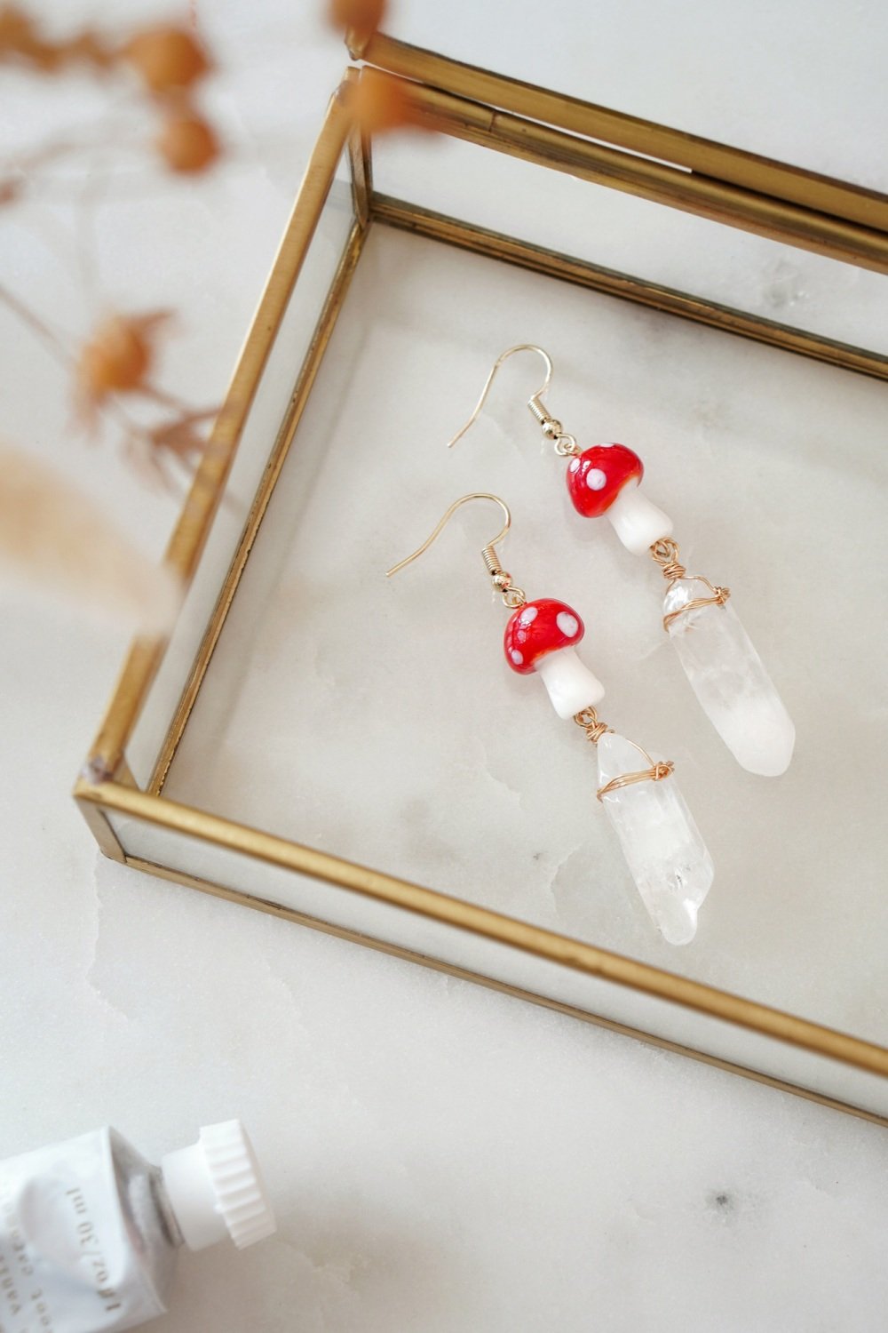 Gold Tone Red Mushroom & Raw Quartz Earrings