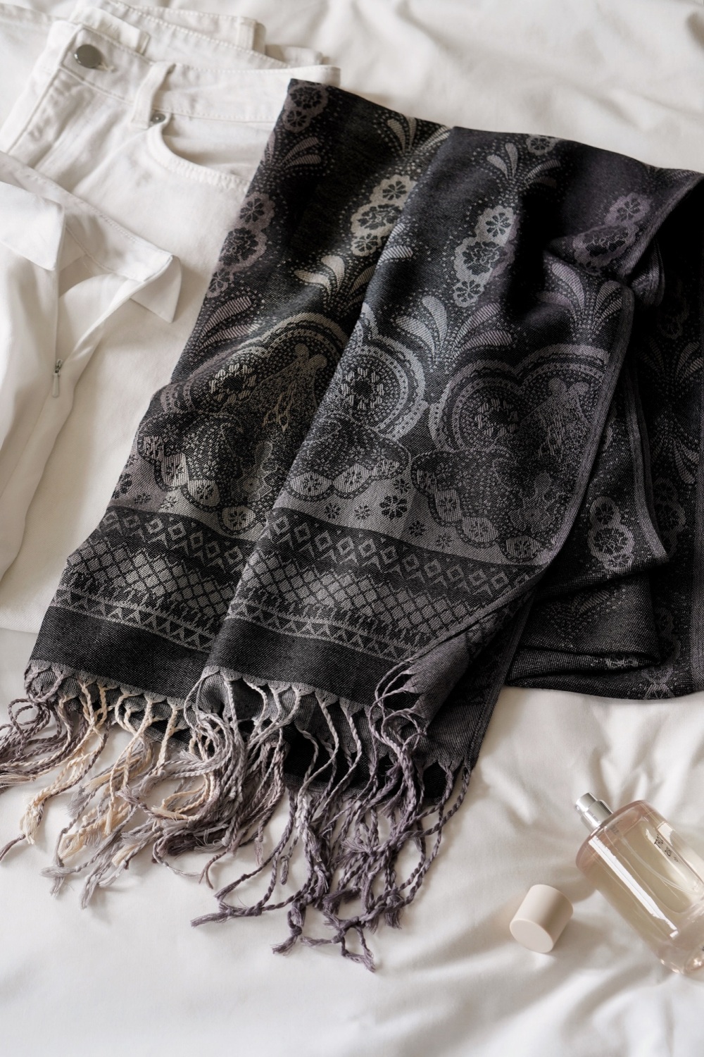 Charcoal Vintage Lace and Paisley Tassel Pashmina