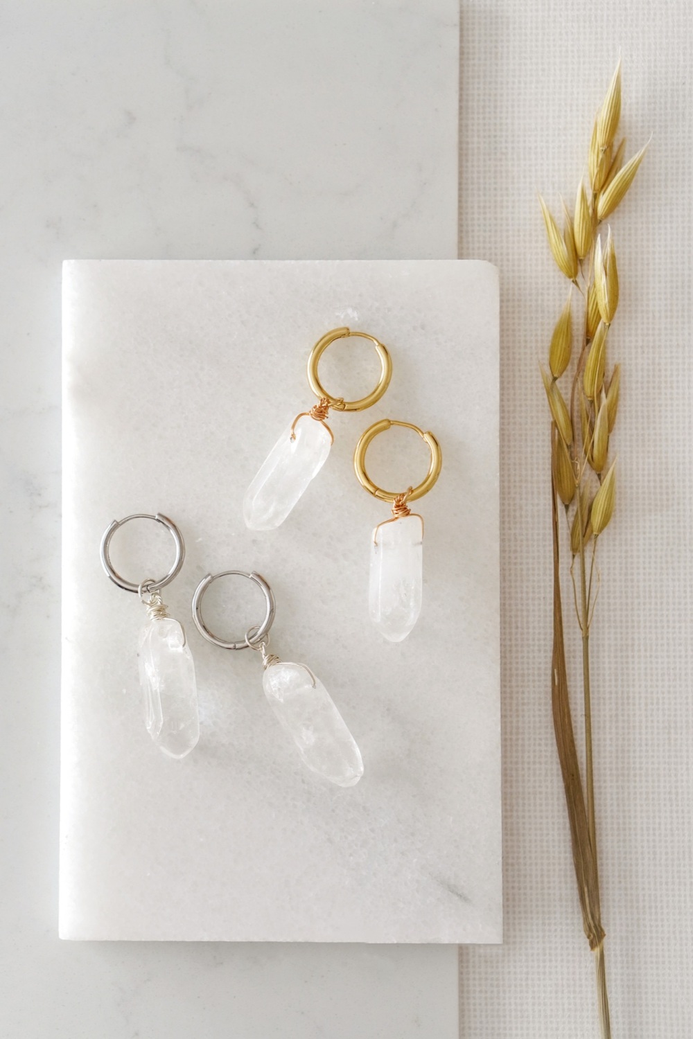 Quartz Crystal Hoop Earrings in Gold