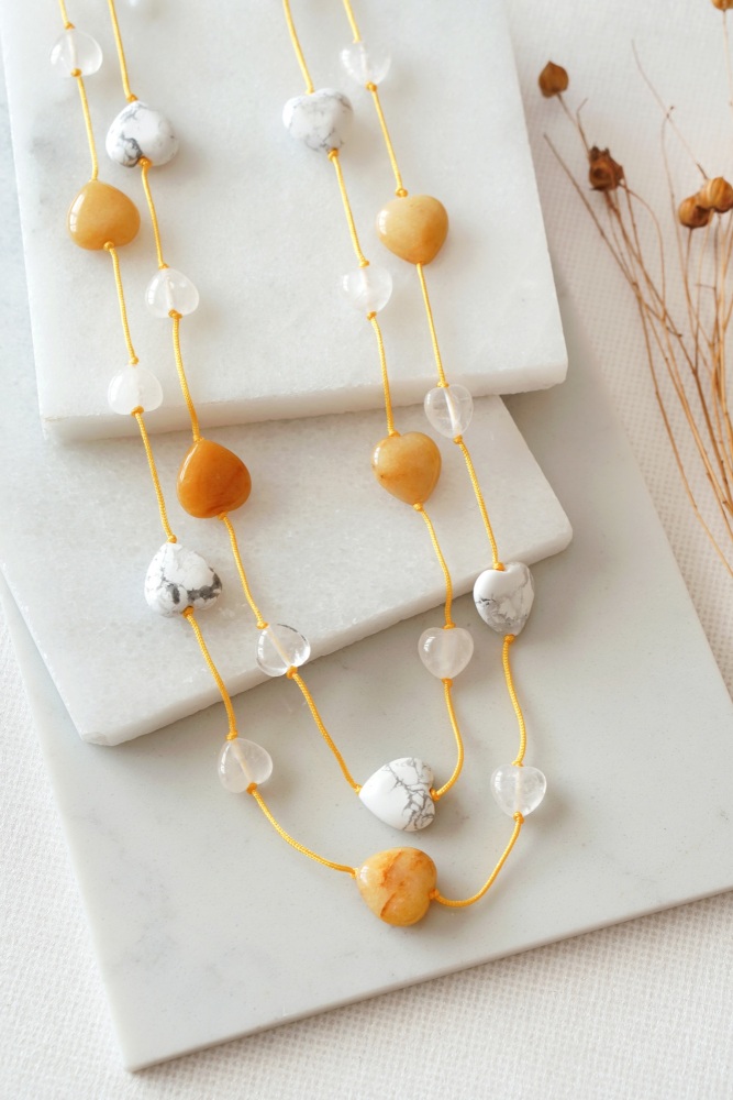 Yellow Jade with Howlite and Quartz Heart Necklace in Gold