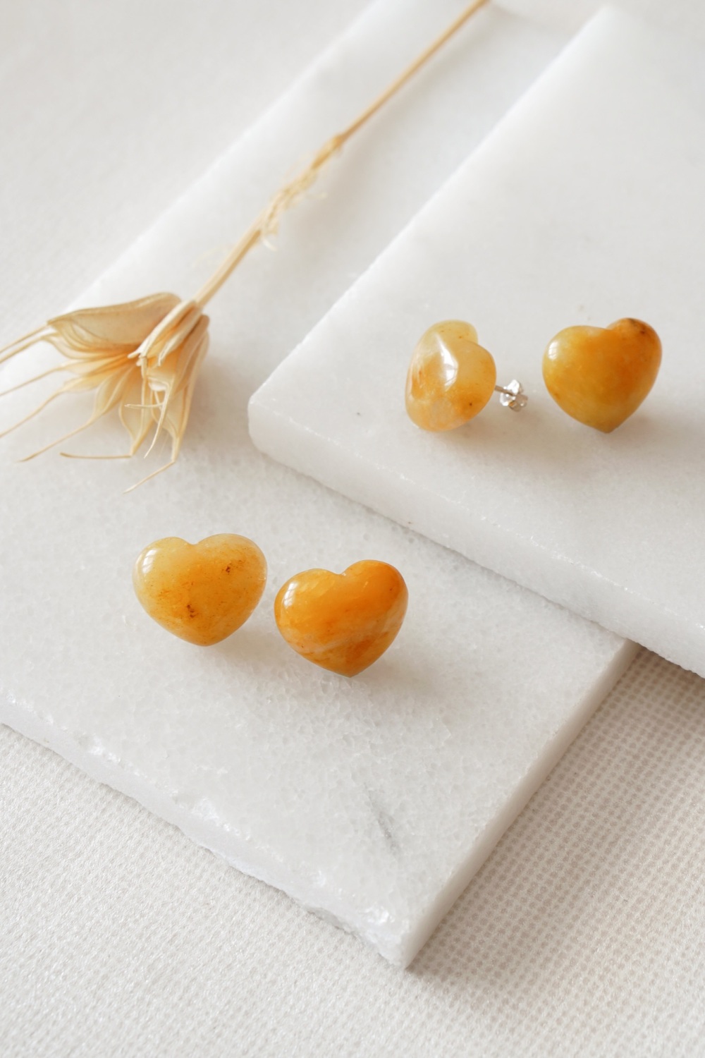 Silver Maxi Heart Stud Earrings with Yellow Jade