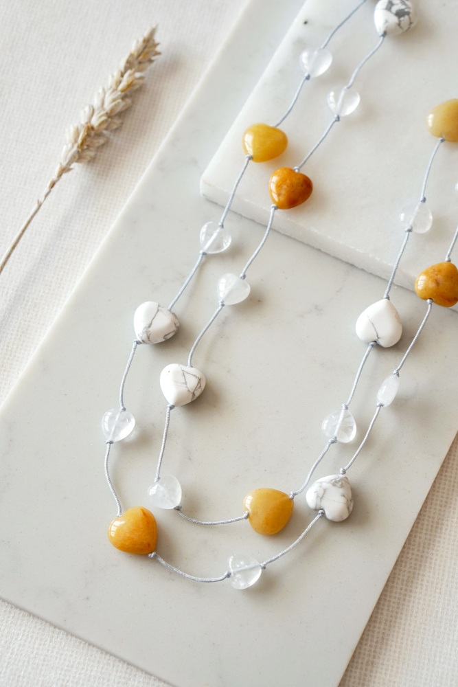 Yellow Jade with Howlite and Quartz Heart Necklace in Silver