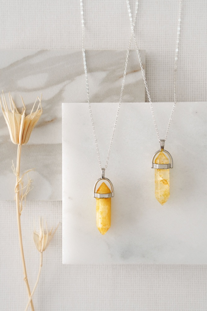 Yellow Jade Crystal Point Necklace in Silver