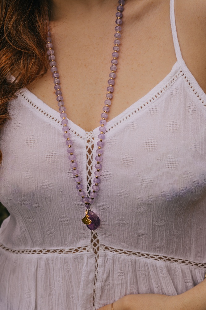 Long Length Amethyst Stone Necklace with Gold Tone Detail