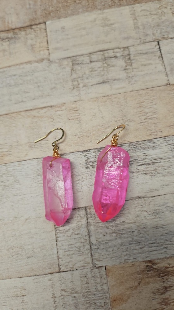 14CT GOLD PLATE: Raw Cut Pink Agate Crystal Earrings