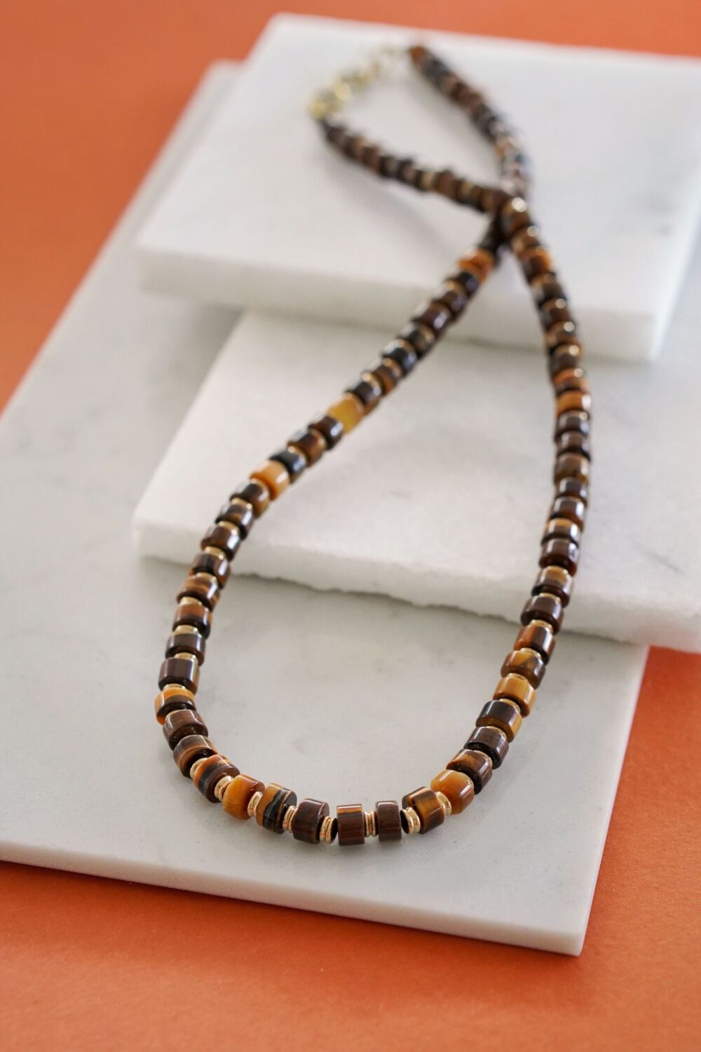 Mens Brass Tigers Eye Cylinder Bead Necklace