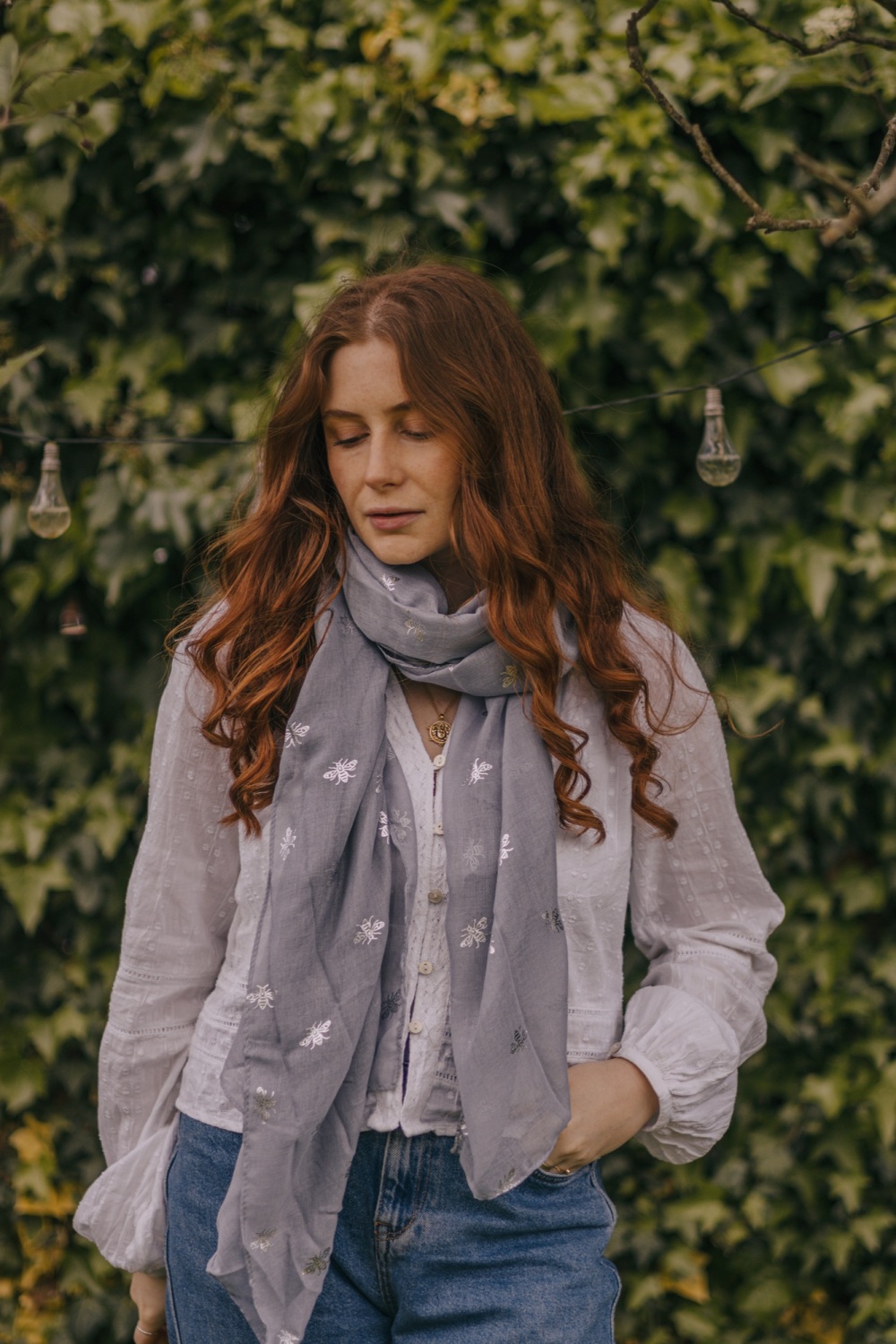 Silver Metallic Bee Print Scarf in Grey