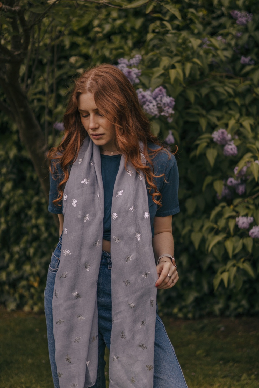 Silver Metallic Bee Print Scarf in Grey