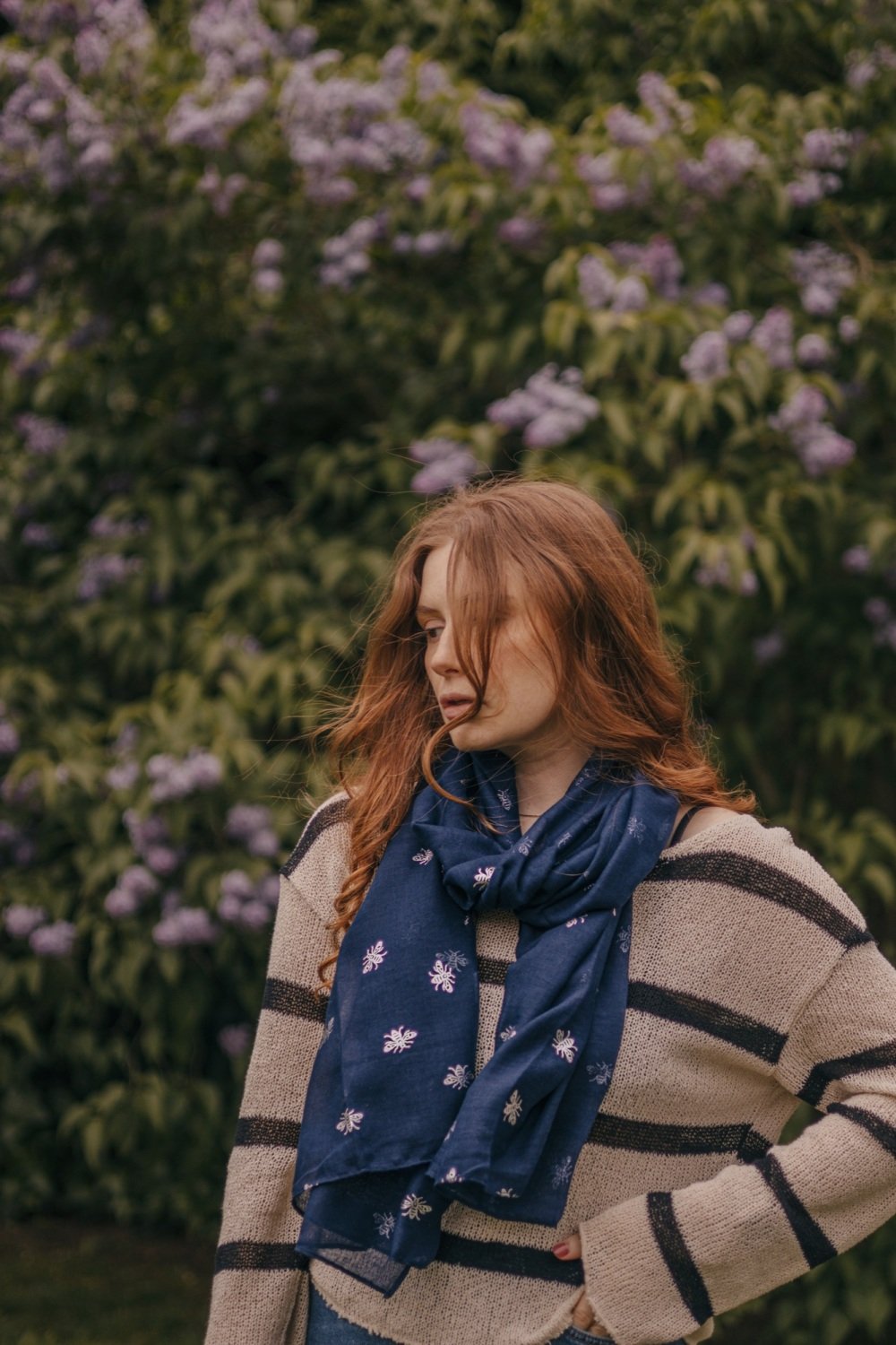 Silver Metallic Bee Print Scarf in Navy Blue