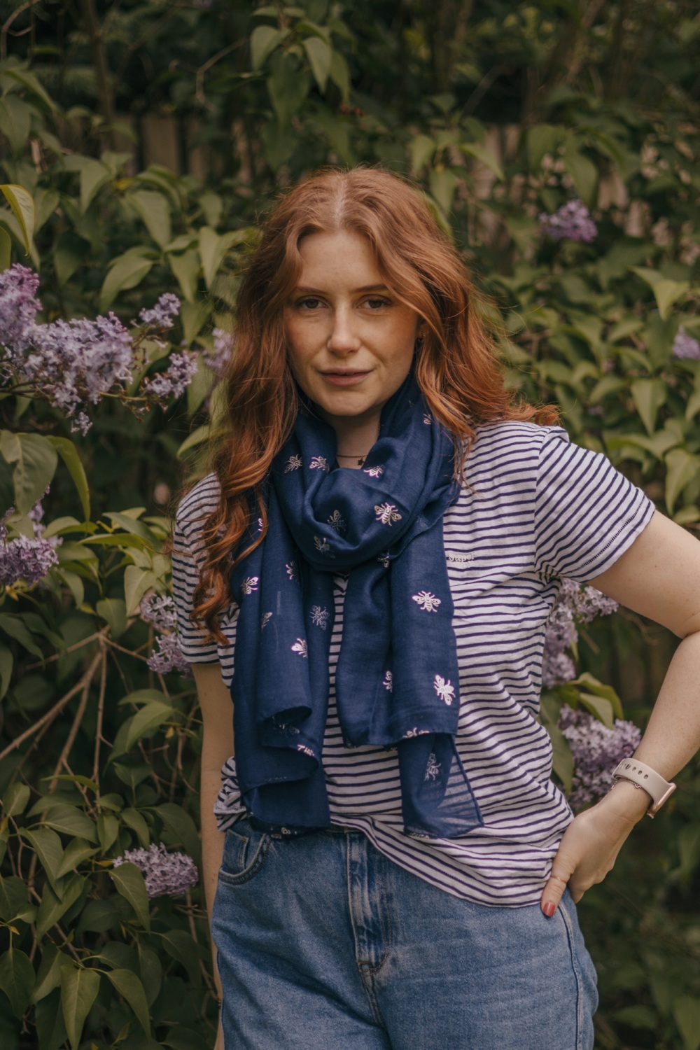 Silver Metallic Bee Print Scarf in Navy Blue