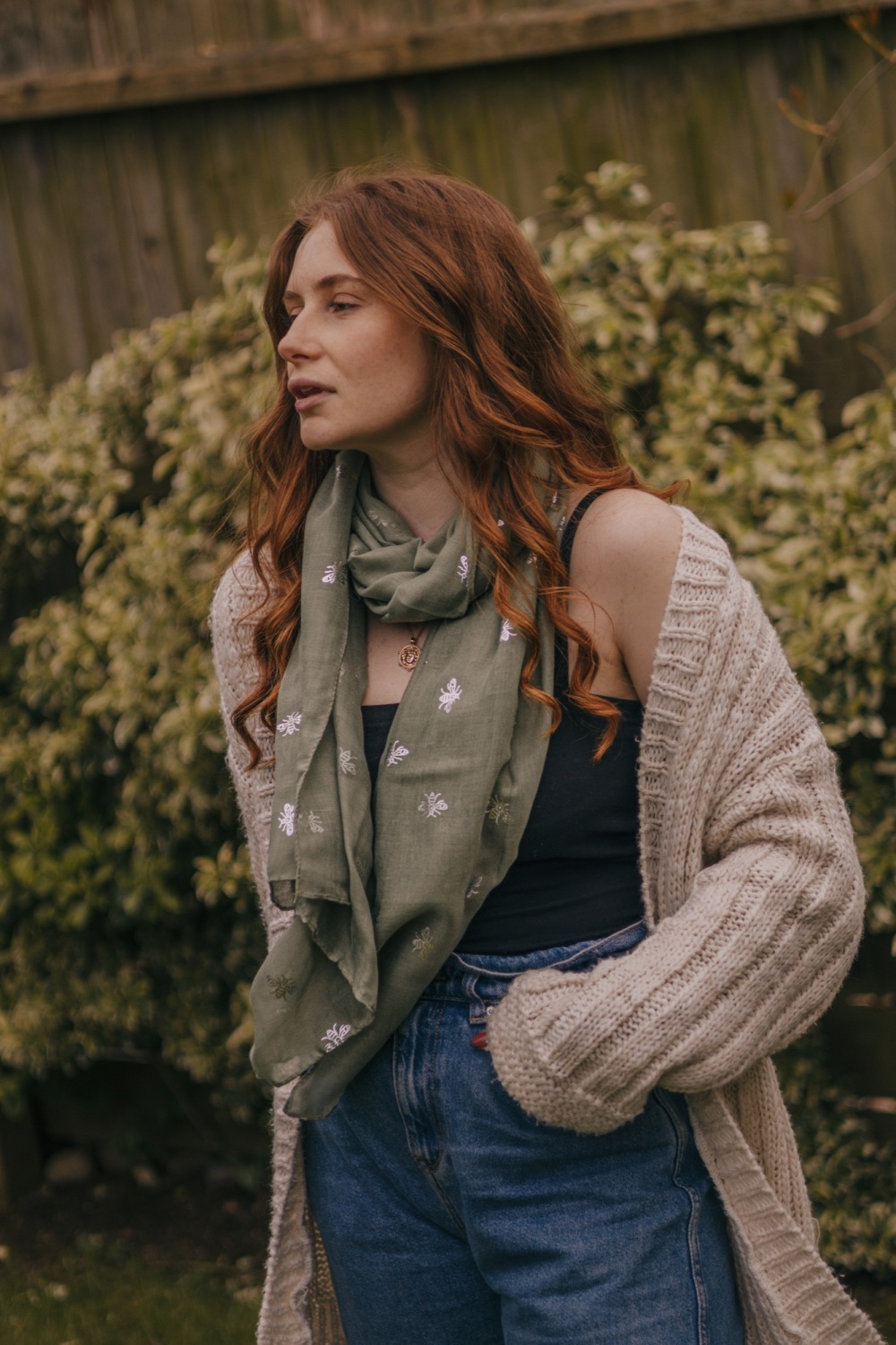 Silver Metallic Bee Print Scarf in Forest Green