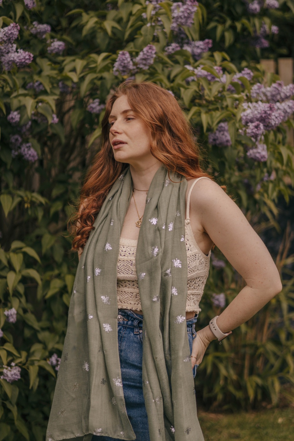 Silver Metallic Bee Print Scarf in Forest Green