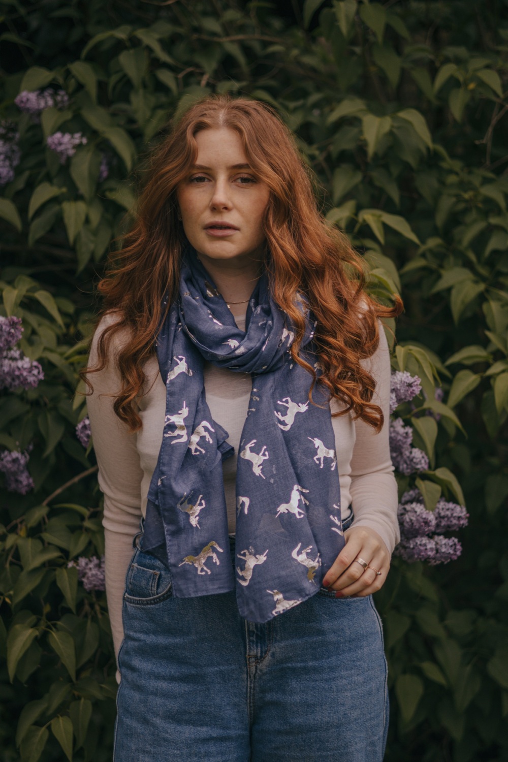 Silver Metallic Unicorn Scarf in Navy Blue